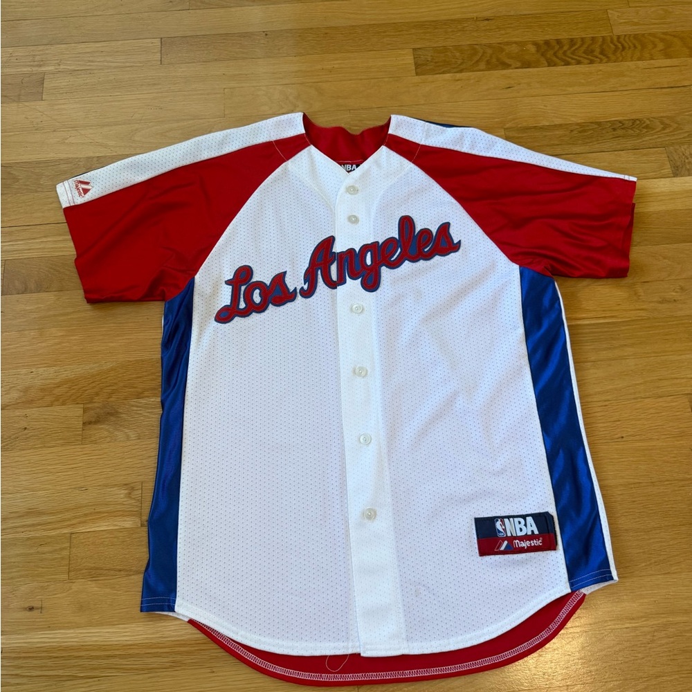 Vintage LA Clippers NBA Majestic Baseball Jersey Size L Red/White/Blue - Picture 1 of 12